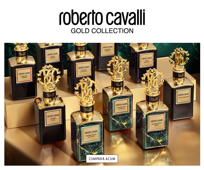 Colecția de parfumuri Roberto Cavalli Gold Collection, flacoane elegante cu accente aurii, prezentare premium pentru eCommerce